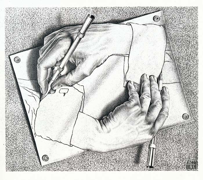 Drawing Hands; M.C. Escher, lithograph, 1948